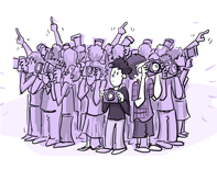 cartoon figure lost in a crowd